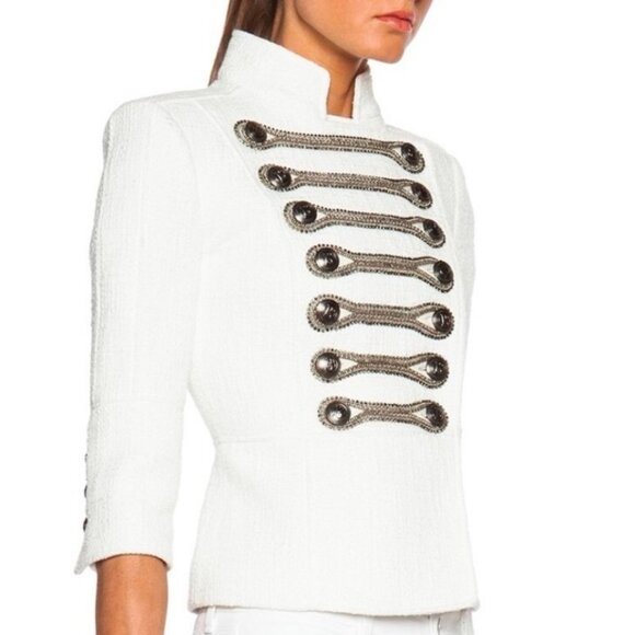 New without Tags with Defect Balmain Crystal Embellished Military White Jacket - Picture 2 of 9